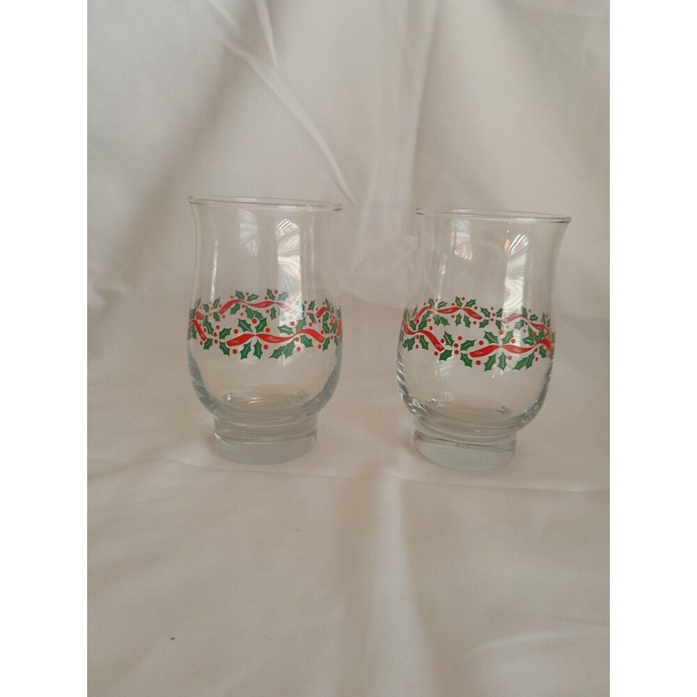 Libbey Holly Berry and Red Ribbon Hurricane Drinking Glasses
